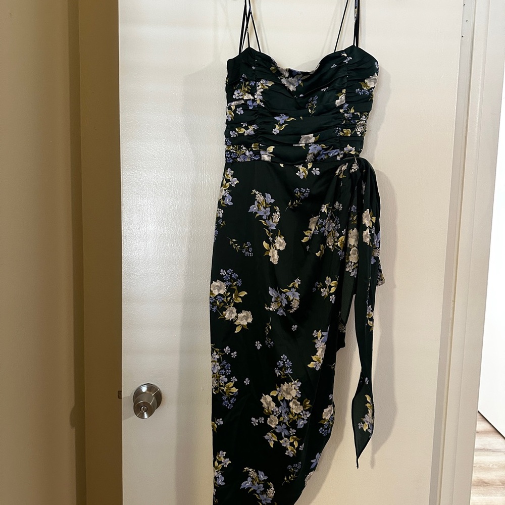 Wayf dark Green Asymmetrical Wrap Dress with Spaghetti Straps
